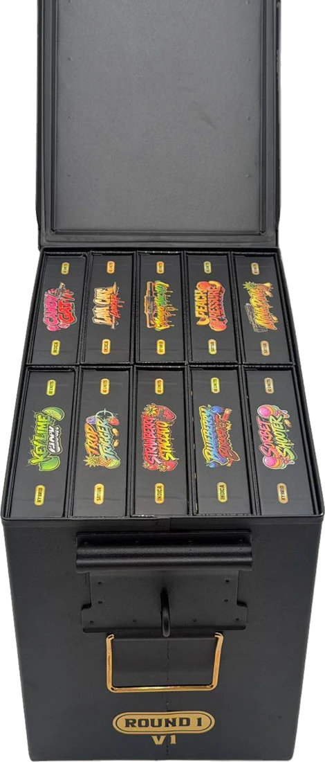 Hollow Tips ROUND 1 V1 ammo case, open with ten flavor boxes